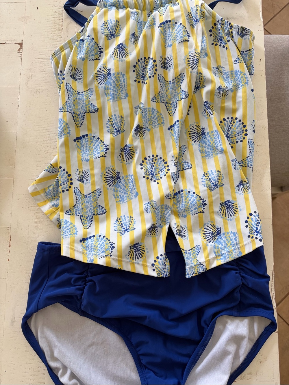 crown & ivy Yellow and Blue Striped Seashell Two Piece Swim Top with Navy Bottom